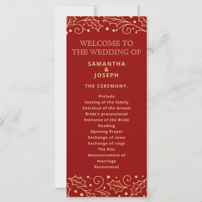 Luxury Red & Antique-Gold Wedding Program Card (Framsida)