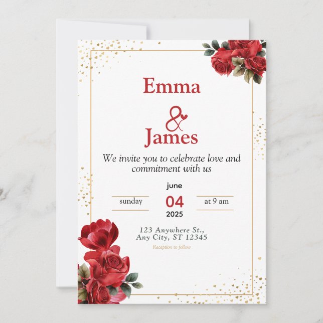 Luxury Red Floral Wedding Invitation Inbjudningar (Framsida)