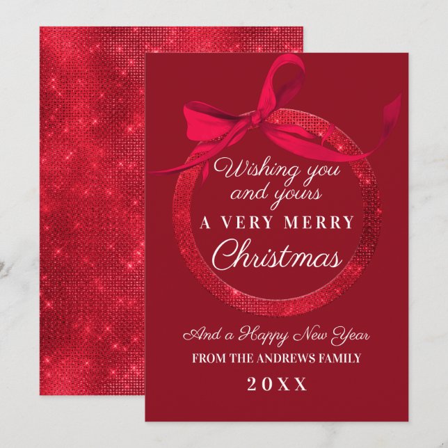 Luxury Red Glitter Bow Ornament jul Julkort (Fram/baksida)