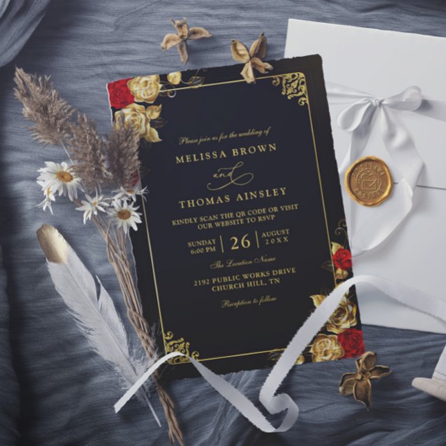 Luxury Red Gold and Black Elegant QR Code Wedding Inbjudningar (Skapare uppladdad)