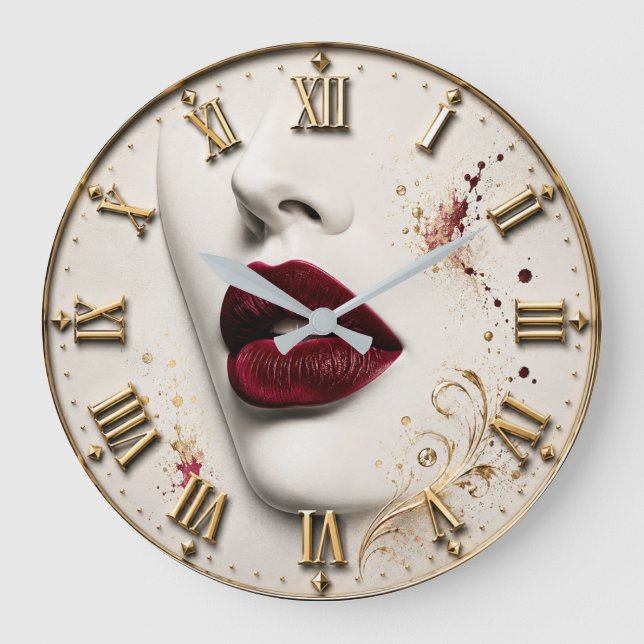 Luxury Red Lips Glamorous Beauty Art Modern  Stor Klocka (Framsida)