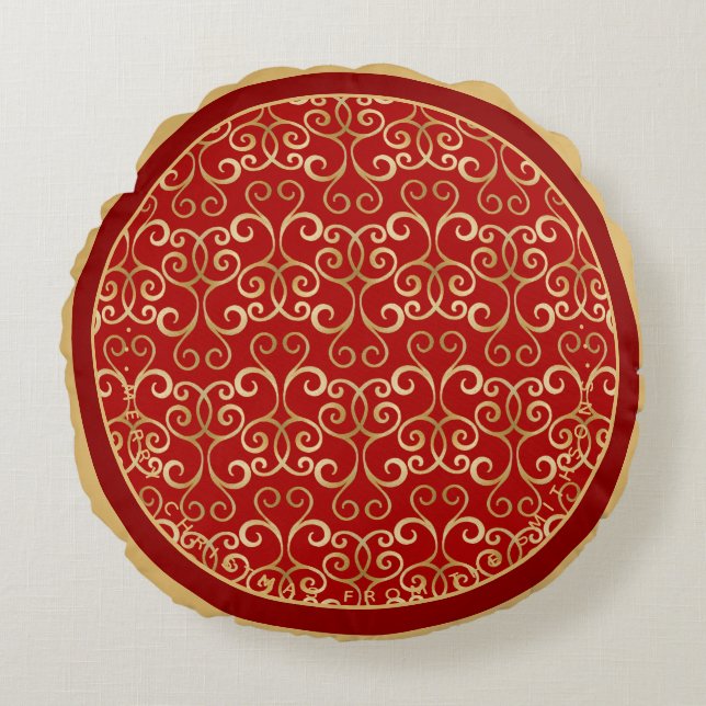 LUXURY RED OCH GULD CHRISTMAS DAMASK PERSONLIG RUND KUDDE (Framsidan)