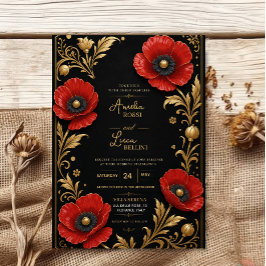 Luxury Red Poppy Black and Gold Floral Elegant Inbjudningar