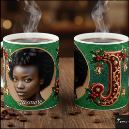Luxury Red Velvet Gold Christmas Letter J Kaffemugg