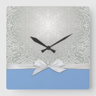 Luxury Ribbon Silver/Blue Damask Clock Fyrkantig Klocka