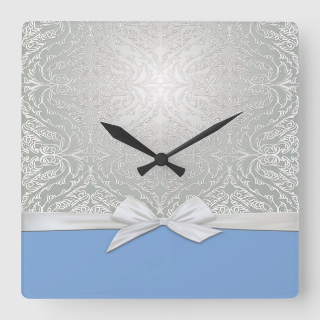 Luxury Ribbon Silver/Blue Damask Clock Fyrkantig Klocka (Framsida)