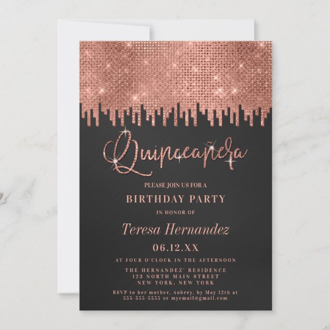 Luxury Ro Guld Black Glitter Pixels Quinceañera Inbjudningar (Framsida)
