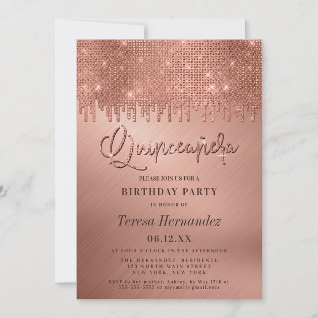 Luxury Ro Guld Glitter Pixels Quinceañera Inbjudningar (Framsida)