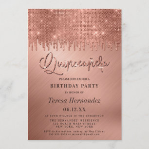 Luxury Ro Guld Glitter Pixels Quinceañera Inbjudningar