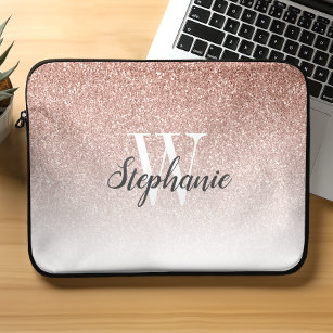 Luxury Ro Guld Ombre Faux Glitter Monogram Laptop Fodral