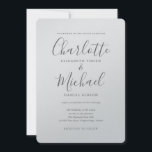 Luxury Romantic Silver Metallic Script Bröllop Inbjudningar<br><div class="desc">Den här inbjudan från elegant bröllop som namnteckning stil namn kan vara personlig med dina uppgifter i chic grått-brev på ett metallkort från silver. Designad av Thisisnotme©</div>