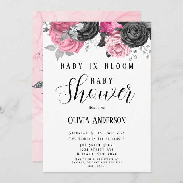 Luxury Rosa Black Baby i Bloom Baby Shower Invita Inbjudningar (Fram/baksida)