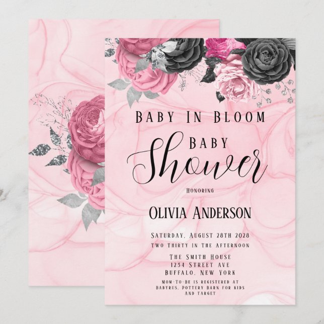 Luxury Rosa Black Baby in Bloom Baby Shower Inbjudningar (Fram/baksida)