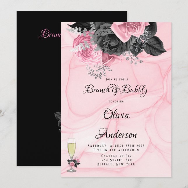 Luxury Rosa Black Blommigt Inking Brunch & Bubly Inbjudningar (Fram/baksida)
