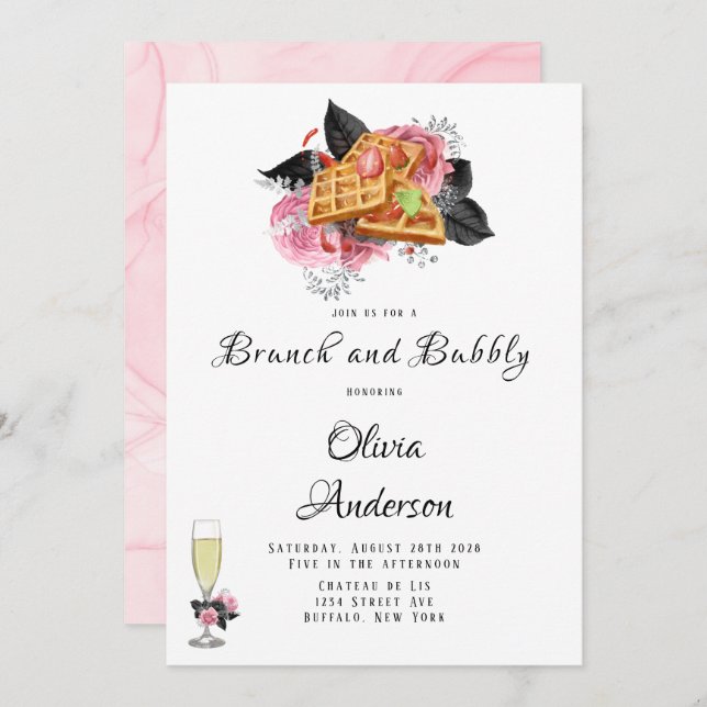 Luxury Rosa Black Blommigt Inking Brunch & Bubly Inbjudningar (Fram/baksida)