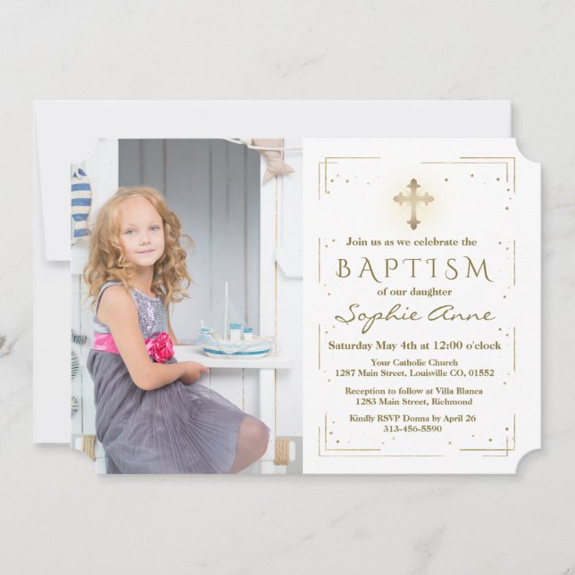 Luxury Rosa Blommigt Guld Glitter Photo Girl Bapti Inbjudningar (Framsida)