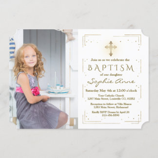 Luxury Rosa Blommigt Guld Glitter Photo Girl Bapti Inbjudningar