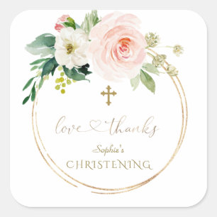 Luxury Rosa Blommigt White Kor Christening Fyrkantigt Klistermärke