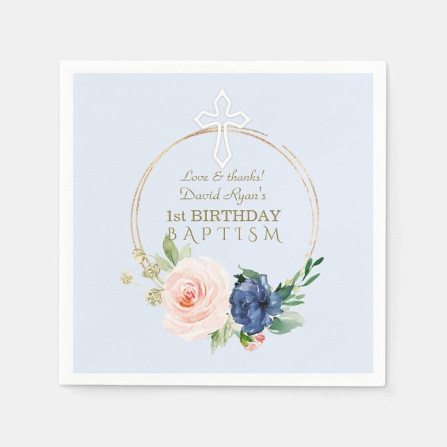 Luxury Rosa Blue Blommigt Boy 1st Birthday & Bapti Pappersservett (Framsidan)