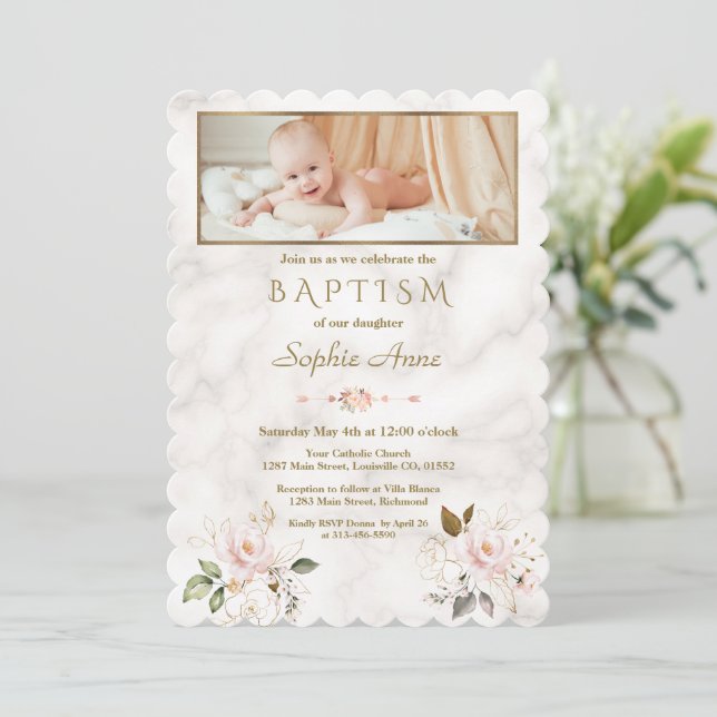 Luxury Rosa Guld Flowers Marble Girl Photo Baptism Inbjudningar (Stående Fram)