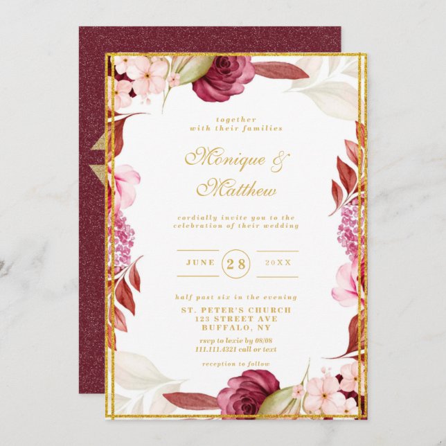 Luxury Rosa Guld Peony Glitter Typography Bröllop Inbjudningar (Fram/baksida)