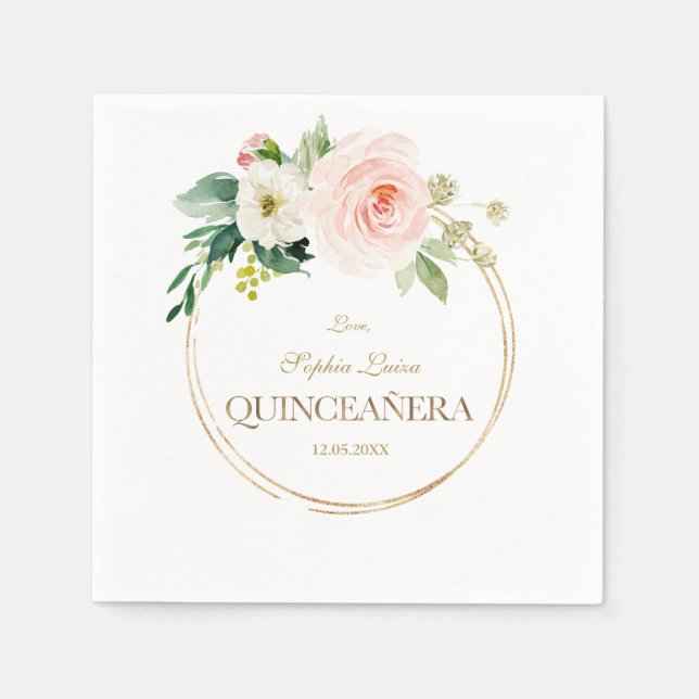 Luxury Rosa White Flowers Guld Quinceañera Pappersservett (Framsidan)