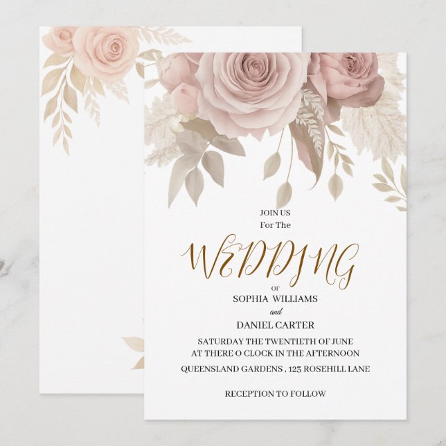 Luxury Rose Gold Blush Botanical Wedding Card Inbjudningar (Fram/baksida)
