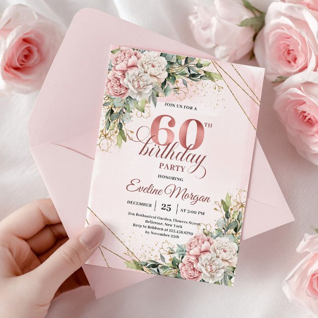 Luxury Rose Gold Dusty Pink 60th Birthday Invite Inbjudningar (Luxury Rose Gold Dusty Pink 60th Birthday Invitation)