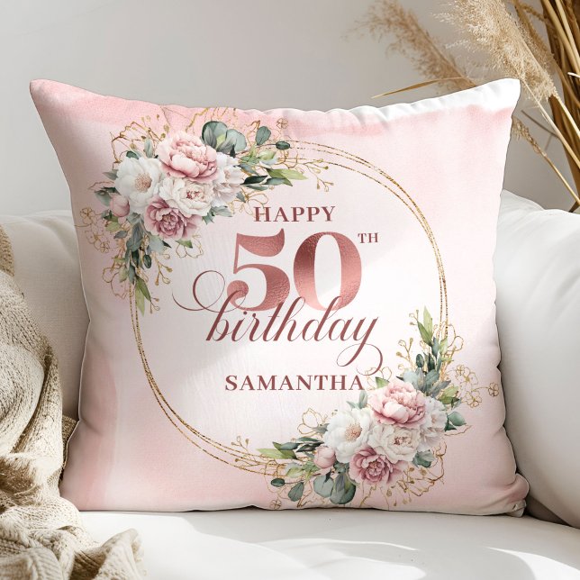 Luxury Rose Gold Floral Greenery 50th Birthday  Kudde (Luxury Rose Gold Floral Greenery 50th Birthday Pillow Gift)