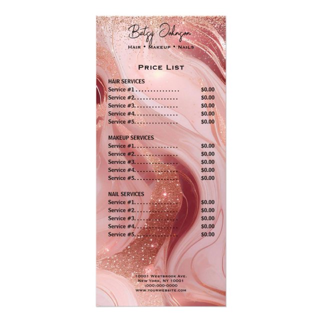 Luxury Rose Gold Glitter Rack Card Price List Reklamkort (Framsidan)