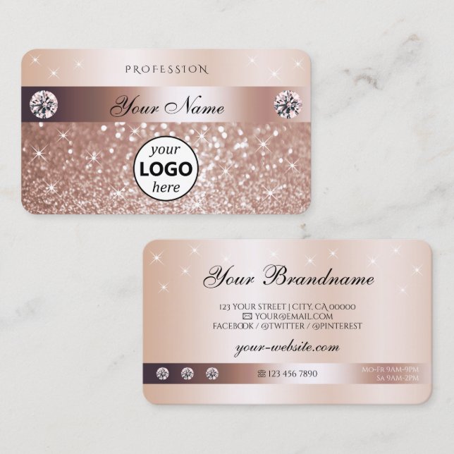 Luxury Rose Gold Glitter Sparkling Stars with Logo Visitkort (Fram/baksida)