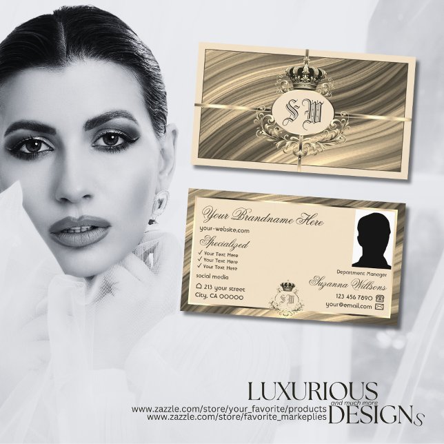Luxury Royal Beige Guld Krona med Monogram Photo Visitkort (Skapare uppladdad)