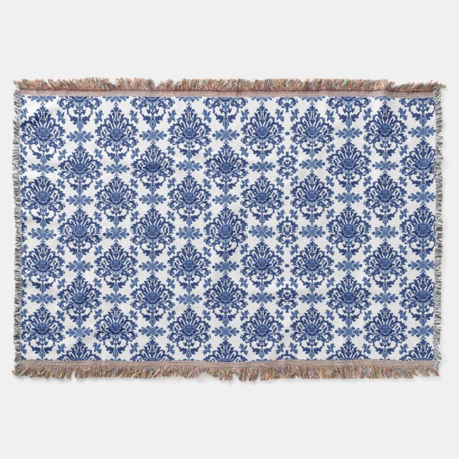 Luxury Royal Blue and White Baroque Floral Pattern Filt (Framsidan)