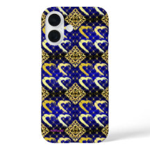 Luxury Royal Blue och Guld Hearts iPhone 16 Fodral