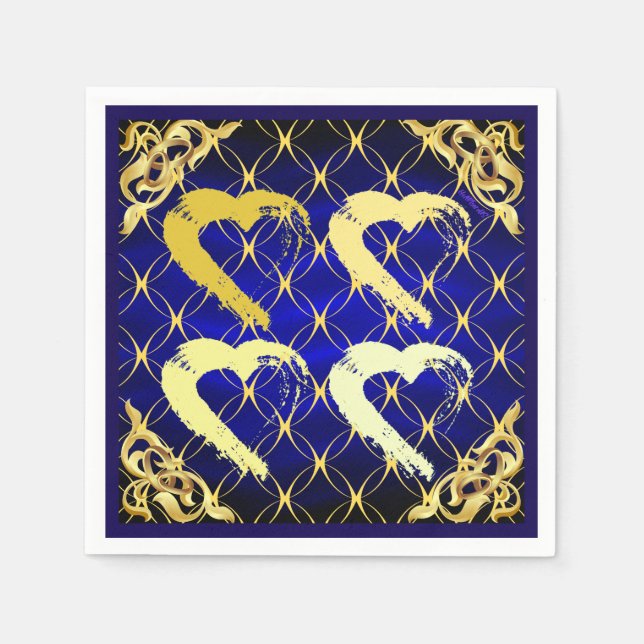 Luxury Royal Blue och Guld Hearts Napkin Pappersservett (Framsidan)