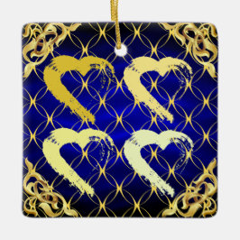 Luxury Royal Blue och Guld Hearts Ornamet Julgransprydnad Keramik