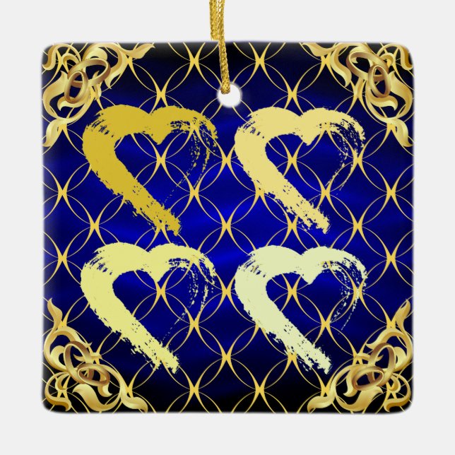 Luxury Royal Blue och Guld Hearts Ornamet Julgransprydnad Keramik (Framsida)