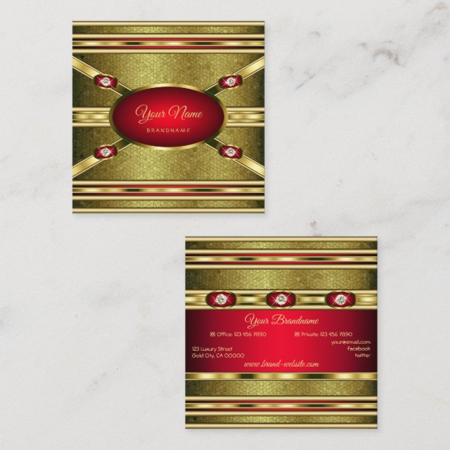 Luxury Royal Guld Patterned Red and Faux Gemstones Fyrkantigt Visitkort (Fram/baksida)