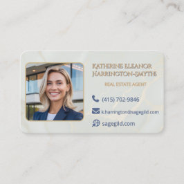 Luxury Sage & Gold Marble Realtor Photo QR Design Visitkort