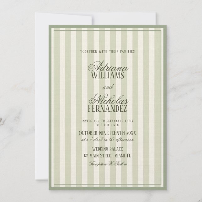 Luxury Sage Green Striped Wedding Inbjudningar (Framsida)