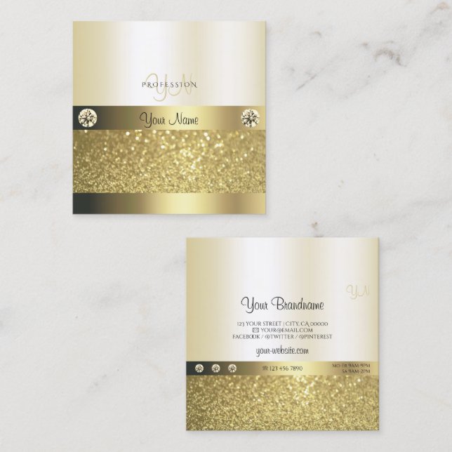 Luxury Shimmery Guld Luminous Glitter och Monogram Fyrkantigt Visitkort (Fram/baksida)