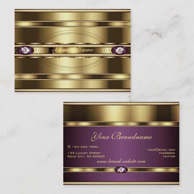 Luxury Shimmery Guld och Lila Glitzy Rhinestones Visitkort (Fram/baksida)