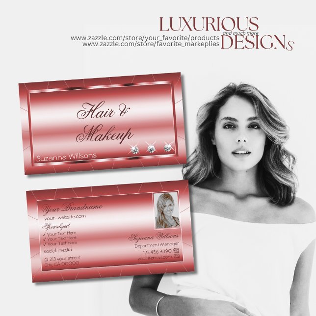 Luxury Shimmery Red Modern med diamanter och foto Visitkort (Skapare uppladdad)