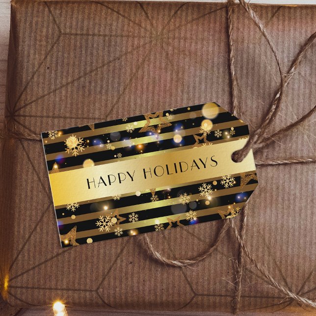 Luxury Shiny Glowing Guld Snöflingor och Stars Presentetikett (Skapare uppladdad)