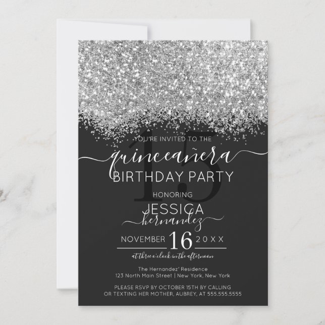 Luxury Silver Black Glitter Confetti Quinceañera Inbjudningar (Framsida)
