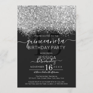 Luxury Silver Black Glitter Confetti Quinceañera Inbjudningar