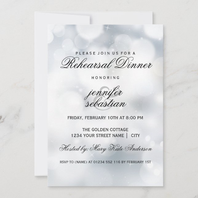 Luxury Silver Bokeh Light Chic Rehearsal Dinner Inbjudningar (Framsida)