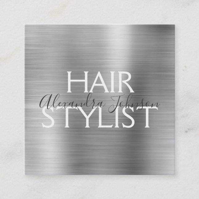 Luxury Silver Brushed Metall Hair Stylist Fyrkantigt Visitkort (Framsida)