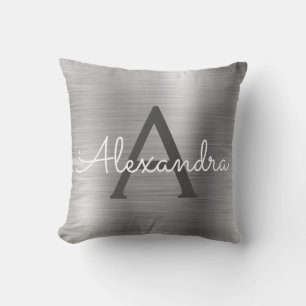 Luxury Silver Brushed Metall Monogram Namn Initial Kudde