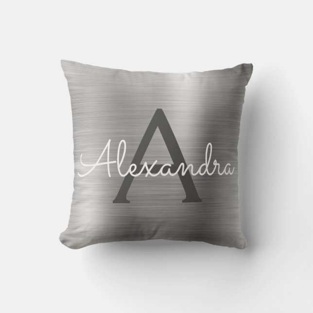 Luxury Silver Brushed Metall Monogram Namn Initial Kudde (Framsida)
